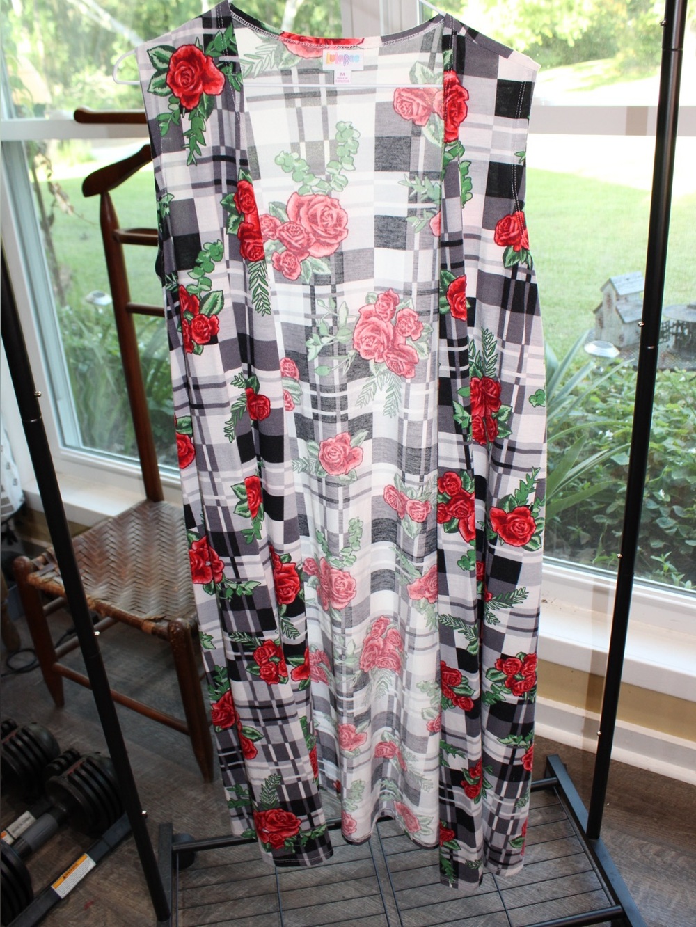 LuLaRoe Joy Long Duster Vest | Medium | Buffalo Plaid Floral Sleeveless